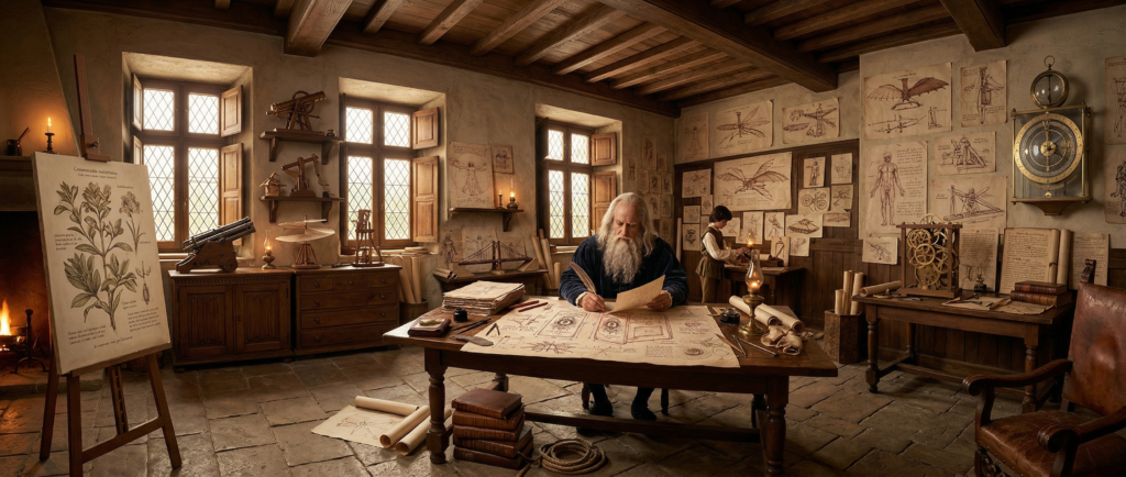 Illustration de Léonard de Vinci dessinant les plans d'un photobooth dans son atelier de la Renaissance