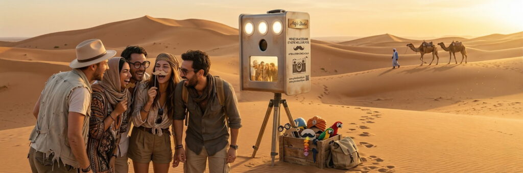 Photobooth installé dans le désert pendant une course de rallye
