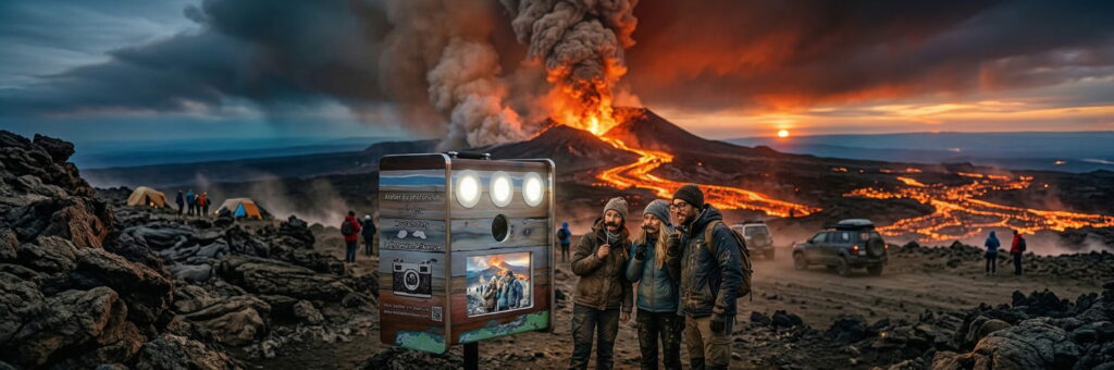 Photobooth devant un volcan en éruption avec des invités prenant la pose