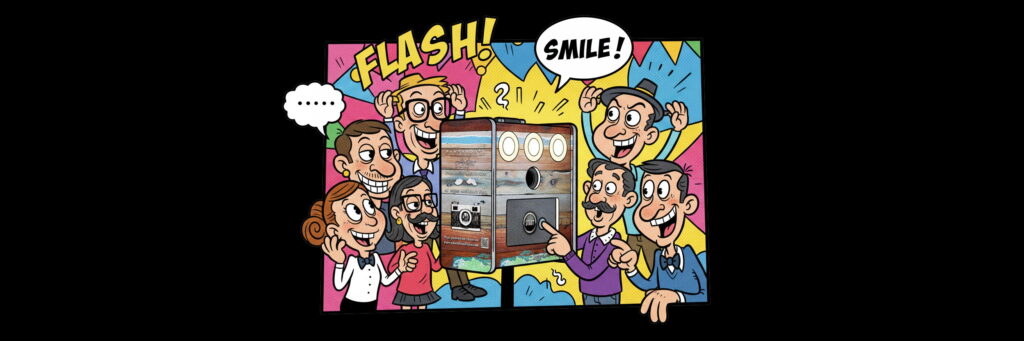 Illustration pop art d'un photobooth avec des invités dans un style bande dessinée