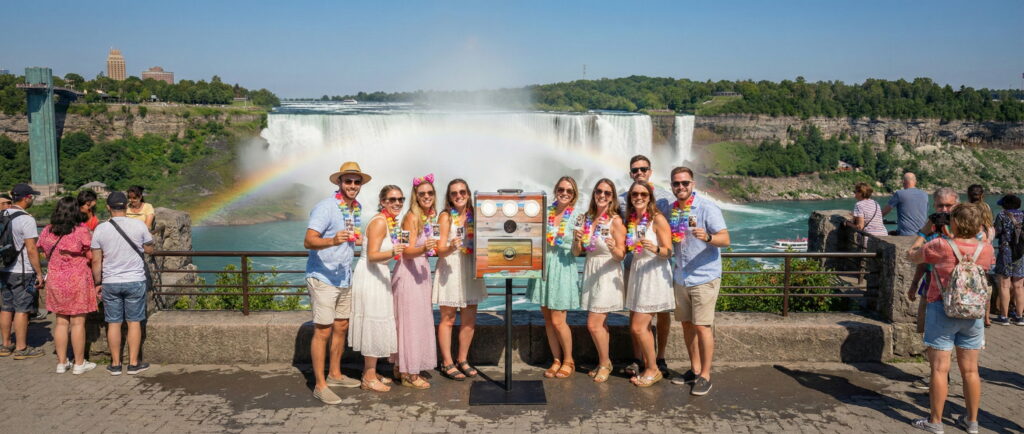 Photobooth installé devant les chutes du Niagara avec des visiteurs admirant la cascade
