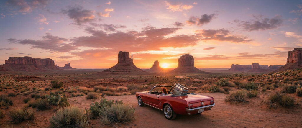Photobooth installé dans une voiture décapotable lors d'un road trip au coucher du soleil