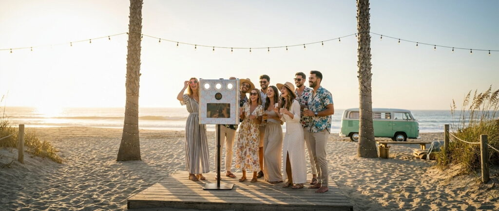 Photobooth sur une plage lors d'un coucher de soleil avec des invités