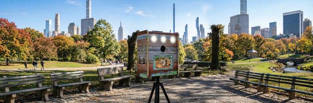 Photobooth installé dans un parc avec un écureuil curieux devant l'objectif